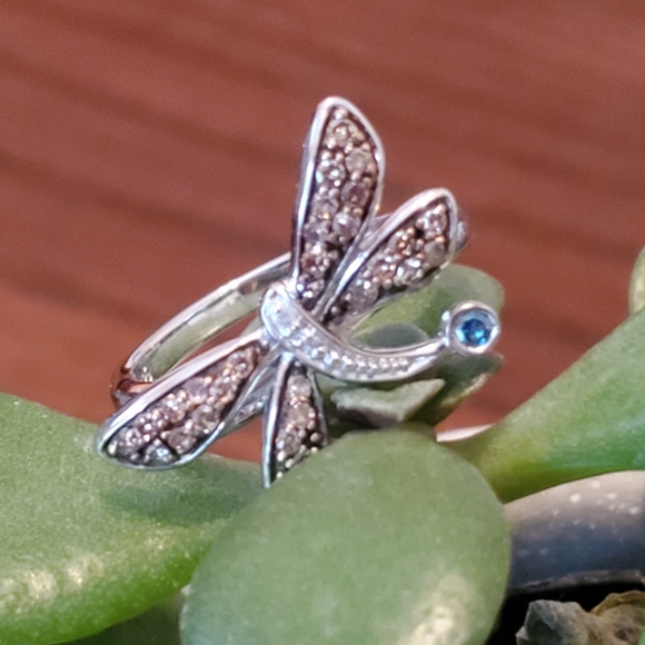 Diamond and Blue Topaz Sterling Silver Dragonfly Ring Size 7 - Picture 10 of 15